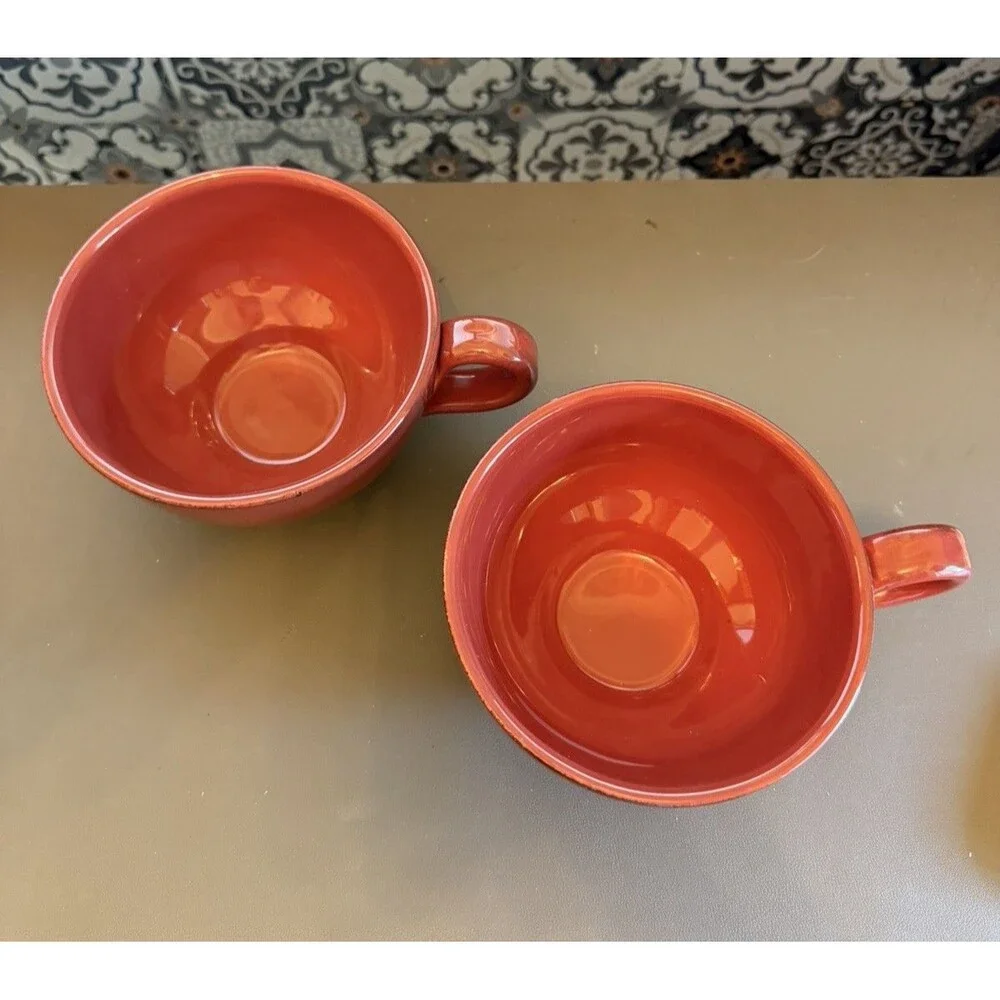 Pier 1 Toscana Hand Painted Earthenware Burgundy Oversized Mug Soup Set 2 RARE